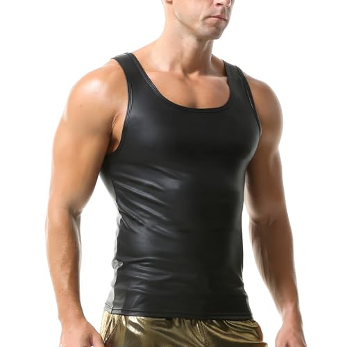 Men's Faux Leather T-Shirt Elastic Band Undershirt Muscle Tank Tops for Rave Party2