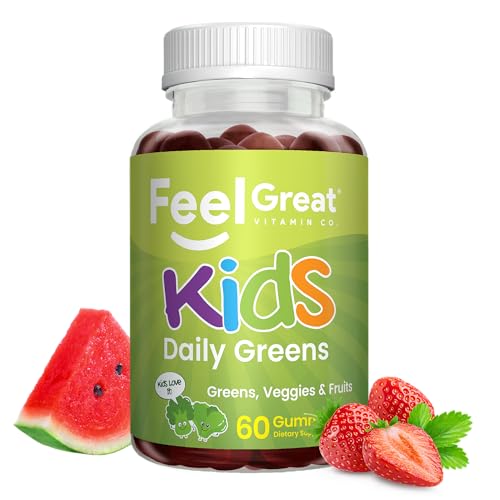 Image of Feel Great Super Green Gummies for Kids | Fruit and Vegetable Gummies | Vegan Veggie Gummy Multivitamin for Kids | Veggie Fiber Supplement | 60 Count