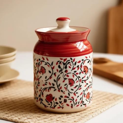 Image of Ceramic Handglazed Pickle Jars Set of 1-1000 ML Each | 1 kg Achaar Martban Barni Jar with Lid | Ceramic Storage Jar Container Pickle, Chatney