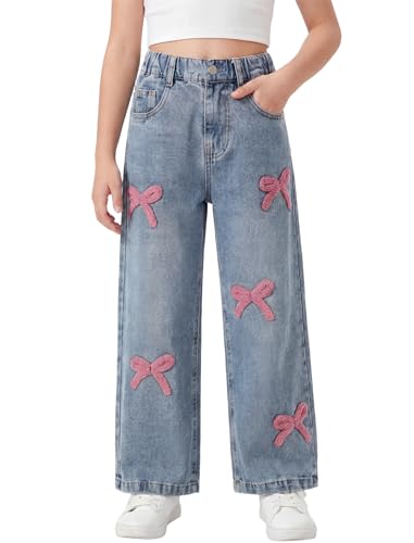 JiAmy Mädchen Baggy Jeans mit SchleifeStickerei Gummibund Weite Beine Denim Y2k Kinder Jeans Hose für Mädchen mit Taschen Gr. 160 Blau mit Rosa Schleifenmuster