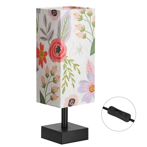 Image of aooshine Small Bedside Table Lamp for Bedroom - Square Floral Fabric Shade | Inline Rocker Switch, Corded Electric, Bulb Not Included, 12.8 inch Mini Table Lamp for Nightstand, Desk, Dorm, Office
