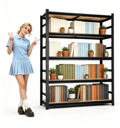 Image of 5 Tier Book Shelf, Adjustable Tall Bookcase with Wood Shelves