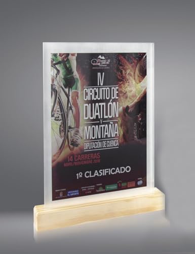 Art-Trophies AT1082 | Trofeo Cristal Biselado Mate contado sobre Base de Madera Natural. Personalización a Color por impresión Digital Directa. (17 cm)