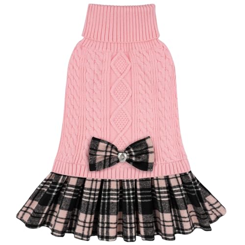 KYEESE Dog Sweater Stretchy Cat Sweaters Thick Dogs Clothes with Bowtie Soft Turtleneck Pet Sweater Dress Warm Pullover Pet Coats Comfy Knitwear Dog Sweaters for Small Dogs Girl, Pink, X-Large