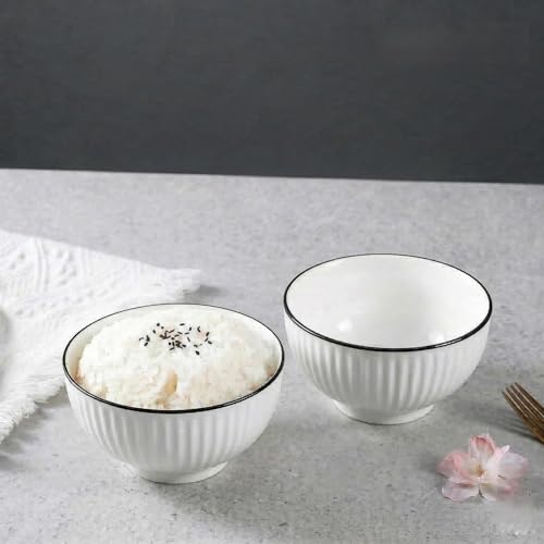 Image of Elegant White Ceramic Dessert Bowls with Black Rim - Set of 2, Ribbed Design, Perfect for Ice Cream, Desserts, Snacks, and More