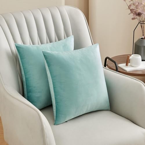 Image of 2 Piece Reversible Velvet Cushion Cover, 24x24 inch, Deep Teal | Soft Solid Decorative Throw Square Pillow Cases Modern Luxury Home Decor for Couch Sofa Bedroom Livingroom