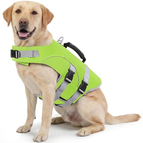 ASENKU Dog Life Jacket for Swimming & Boating, High Buoyancy Dog Life Vest with Rescue Handle, Reflective & Adjustable Fit for Small to Large Dogs (Neon Green, 2XL)
