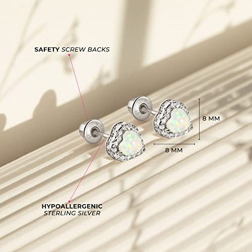 925 Sterling Silver White Simulated Opal Birthstone Heart Safety Screw Back Earrings for Little Girls, Pre-Teens and Teens 8mm - Beautiful Heart Shaped Earrings with CZ Stones4