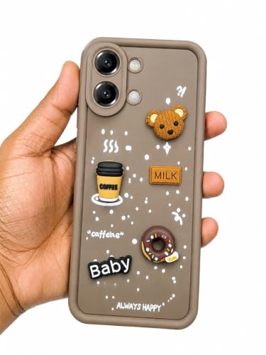 Image of Bintage Cute Fun Taddy Cartoon 3D Ball Bear Milk Cake Coffee Silicon Case Full Body & Camera Protection Back Cover Compatible for Vivo Y11 5G / Vivo Y21 5G - Brown