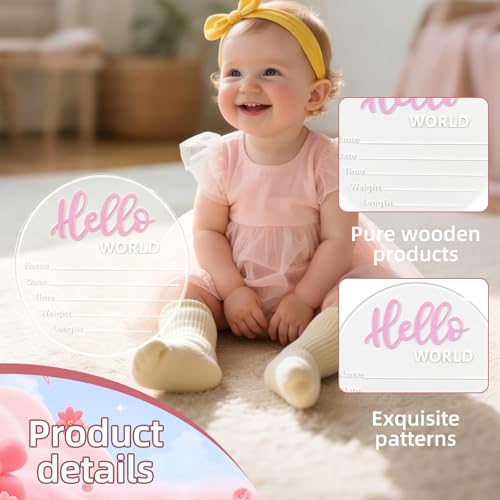 Image of Baby Announcement Sign, 5.9 Inch inchHello World inch Newborn Sign for Birth Announcement, Baby Name & Welcome Baby Board, Acrylic Newborn Announcement Sign for Hospital (Pink)