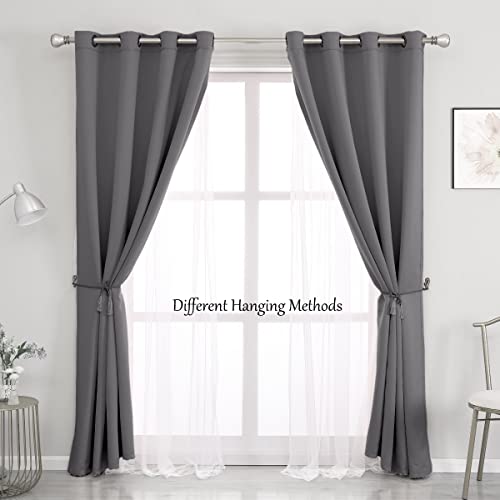 Image of Dark Grey Blackout Curtains 96 Inch Length with White Sheer Voile - Double Layered Mix and Match Nursery Grommet Curtains for Living Room,52 by 96 in, 2 Pieces