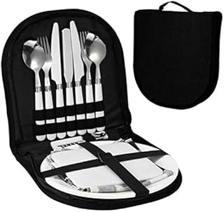 Errum Stainless Steel Camping Cutlery Set Camping Tableware Set for 2 Outdoor Folding Cutlery Set Tableware Kit with Zipper Case, Spoon, Fork, Bowl for 2 People (Black)