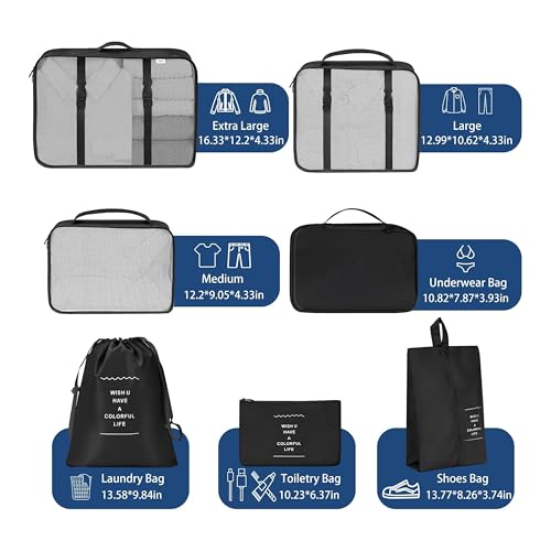 Image of Storite Travel Packing Cubes Set of 7 for Luggage, Lightweight Suitcase Organizer Bags for Clothes, Laundry, Toiletry & Shoes, Durable Polyester Travel Organizers (Black)
