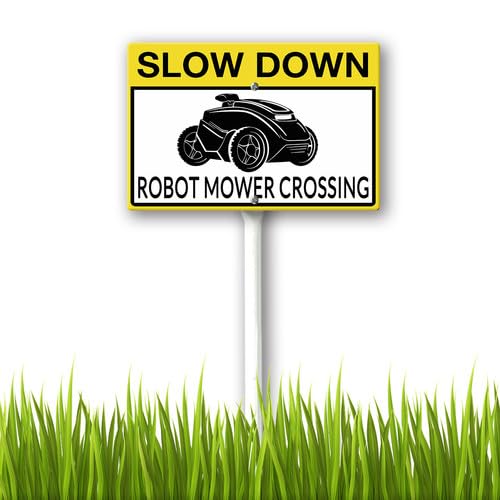 Geroclonup Slow Down Robot Mower Crossing Yard Sign with Metal Stakes Sturdy Aluminum Fade Resistant Standing Lawn Decoration Funny Sign for Outdoor Use Easy to Install 20x30cm