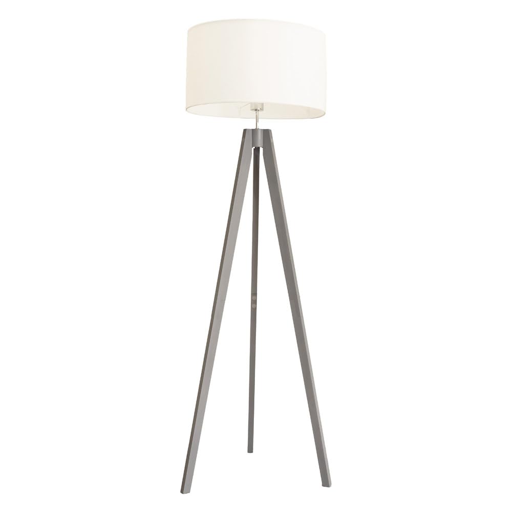 Grey Wood Tripod Floor Lamp with White Fabric Drum Lampshade Living Room Hallway Light - LED Bulb Included