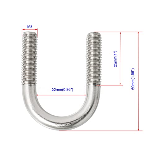 Image of Round U-Bolts 0.87 inch(22mm) Inner Width M8 Thread 304 Stainless Steel Silver with Plates Nuts Flat Washers for Car /RV /Trailer Bumper, 2Pcs