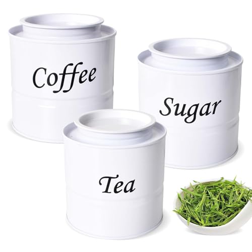 3 Pièces Boîtes à Café, Thé et Sucre, Ensemble de Boîtes de Cuisine en Fer Blanc, 350ML Boîtes de Rangement Hermétiques, Élégantes Boîtes pour Thé,...