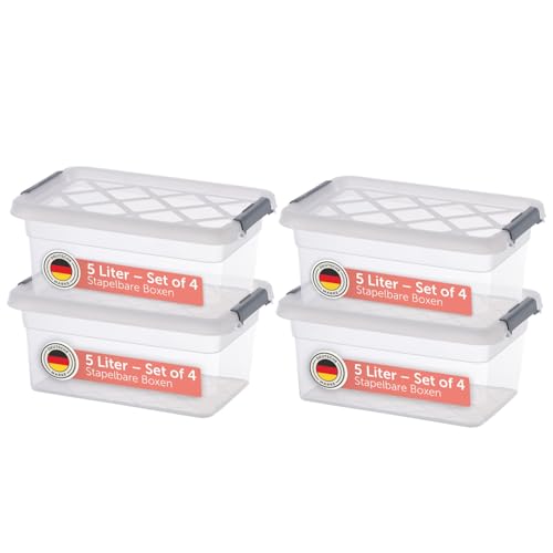 Blumtal Aufbewahrungsbox mit Deckel 5L aus Kunststoff - Aufbewahrungsboxen 28x19x12,5 cm - Stapelboxen 100% Neumaterial - Kisten Aufbewahrung mit Deckel & Verschlussclip - Ordnungsboxen 4er Set
