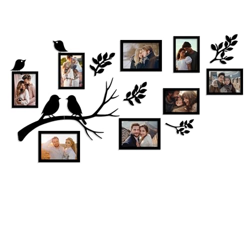 Image of Art Street Pack of 8 Piece Photo Frame Set with Decorative MDF Leaves & Birds Cutouts 4x6 inch & 5x7 inch Black Photo Frames Wall Decor for Living Room, Family Photos Frame Set 10x15 cm & 13x18 cm
