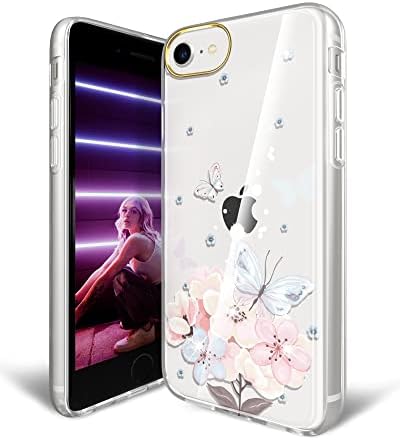 JAHOLAN iPhone SE 2022 Case,iPhone SE 2020 Case,iPhone 8/7 Case,Cute Girl Floral Design Clear Slim Cover Case for iPhone 6/6S/7/8/SE 2020 2022 - Pink Butterfly Flower