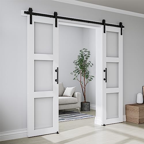 COSHOMER Double 24 x 84in 3-Panel Sliding Barn Door with Frosted Glass and 8FT Hardware Kit - Waterproof, Easy Assembly, Pre-Drilled Holes - Suitable for Openings up to 46in x 82in, White