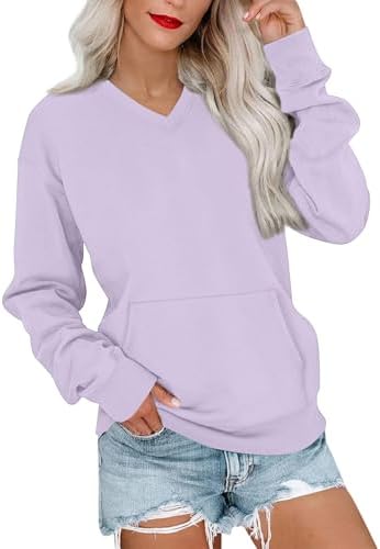 Pullover Sweatshirts for Women V Neck Oversized Sweatshirt with Pockets Lightweight Cute Long Sleeve Pullover Sweat Shirt