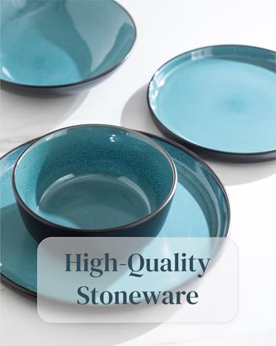24 Piece Dinnerware Sets for 8 - Modern Style Stoneware Dinnerware Set - Scratch Resistant, Dishwasher Safe Plates and Bowls Sets Ceramic, Dish Set, Bowl and Plate Set - Black and Petrol Blue… - Thumbnail 6