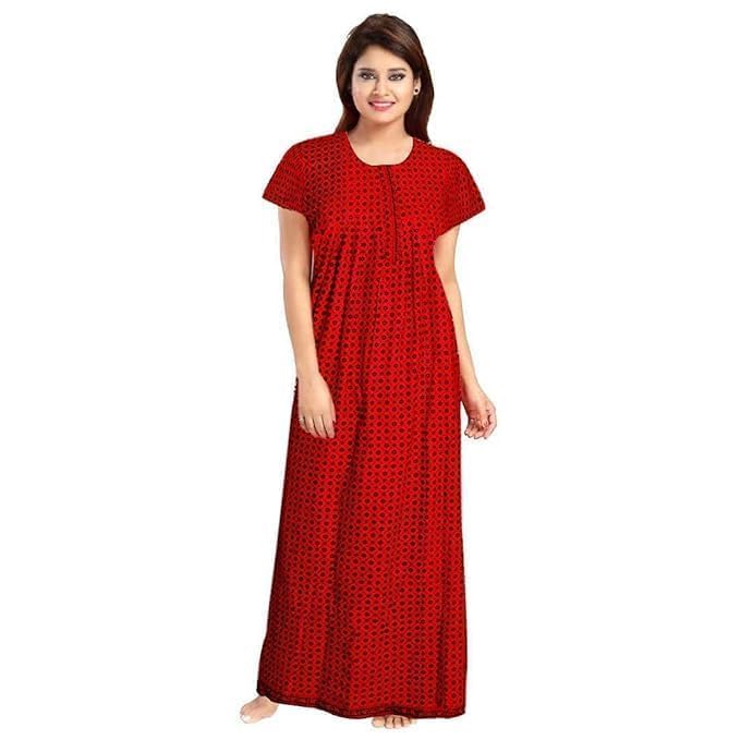 Image of NILOUFO Women's Cotton Printed Maxi Nighty - Pack of 2 | Soft Ankle-Length Sleepwear Gowns for Women | Free Size Night Dresses (Red&Yellow, Free Size)