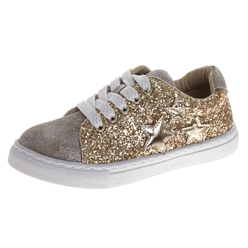 KENSIE GIRL Sneakers Lace Up Non Slip - Fashion Casual Canvas Low Top Shoes - Gold Glitter (Size 3 Big Kid)