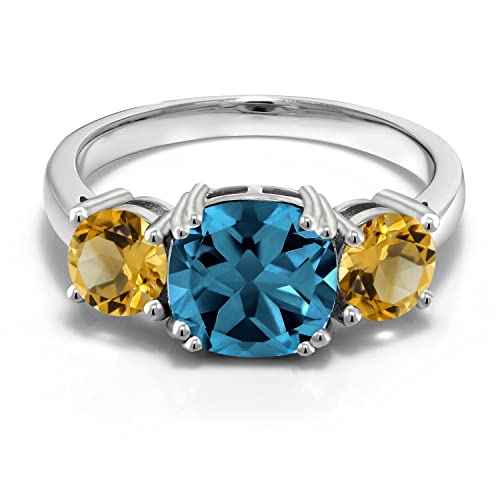 Gem Stone King 925 Sterling Silver London Blue Topaz and Yellow Citrine 3 Stone Engagement Ring For Women (4.10 Cttw, Gemstone November Birthstone, Cushion 8MM, Available in Size 5,6,7,8,9)2