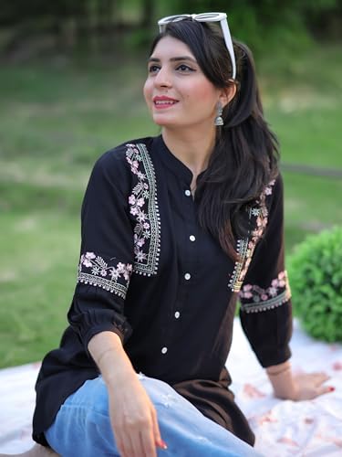 Image of Women's Viscose Rayon Embroidered A-Line Short Kurti Above Knee Regular Fit Tunic Top Office Wear Casual short kurti for women | office wear top | A-line kurti | raksha bandhan gift dress for women