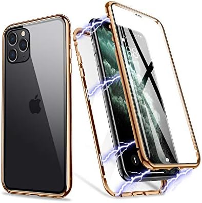 iPhone 11 Pro Case, ZHIKE Magnetic Metal Frame Front and Back Tempered Glass Full Screen Coverage One-Piece Design Flip Cover [Support Wireless Charging] [Clear Golden]…