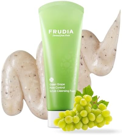 FRUDIA Green Grape Pore Control Exfoliating Face Wash (4.9 oz) – Korean Facial Cleanser w/Green Grape Seed Scrub & Vitamin E | Korean Skin Care for Pore Control & Deep Cleansing
