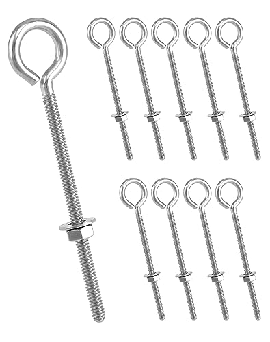 Qwork DG30283 Eye Bolts, 10 Pack 1/4 Inch X 4 Inch Stainless Steel Long Threaded Eyebolts cover