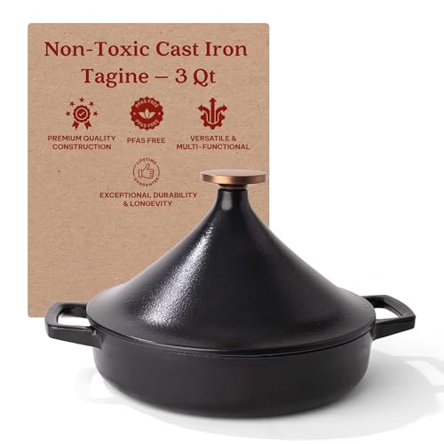 Alva Nori 3Qt Cast Iron Tagine Pot – Enameled & Non-Toxic – Moroccan Slow Cooker with...