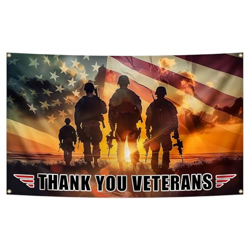 Veterans Day Flag 3x5 Ft Thank You Veterans Soldier Military Patriotic Flag Banners for Indoor Outdoor Party Yard Sign Decor with Brass Grommets