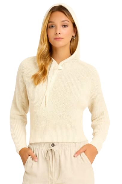 nobarr Women's Cream Hooded Sweater | 100% Acrylic Knit Pullover | Down Shoulder Loose Fit Winter-picture-31