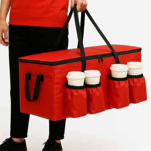 Image of musbus Insulated Food Delivery Bag with Cup Holders /Drink Carriers Premium XXL, Great for Beverages, Grocery, Pizza, Commercial Quality Hot and Cold, Red-bt, 23 inchW * 14 inchD* 15 inchH, cup sleeve insulation