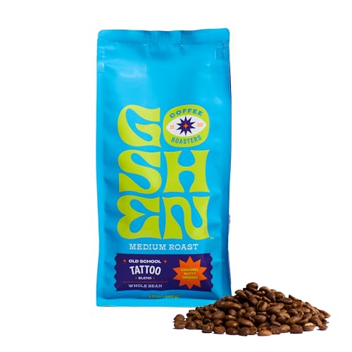 Image of Goshen Coffee Roasters Whole Bean Old School Tattoo House Blend | Medium Roast, Brewed or Espresso | Award-Winning, Natural and Washed | Caramel, Nutty, Orange Flavors | 12 Oz Bag