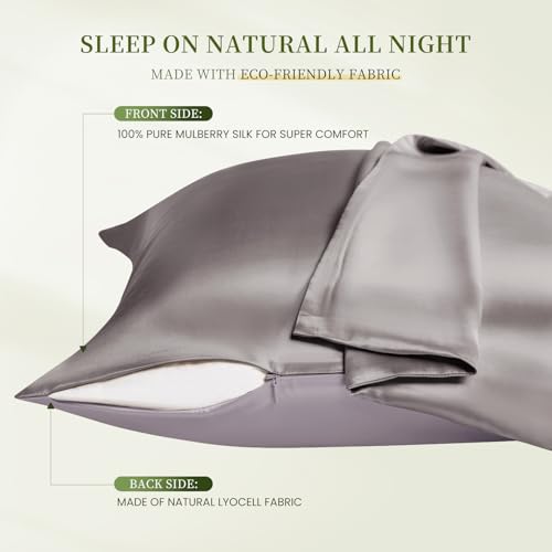 Image of THXSILK Mulberry Silk Pillowcase King Size, Set of 2 Pillowcases, Pillow Cover with Hidden Zipper, Soft Smooth Cooling Pillowcases for Hair and Skin, Gift for Women Men, Grey