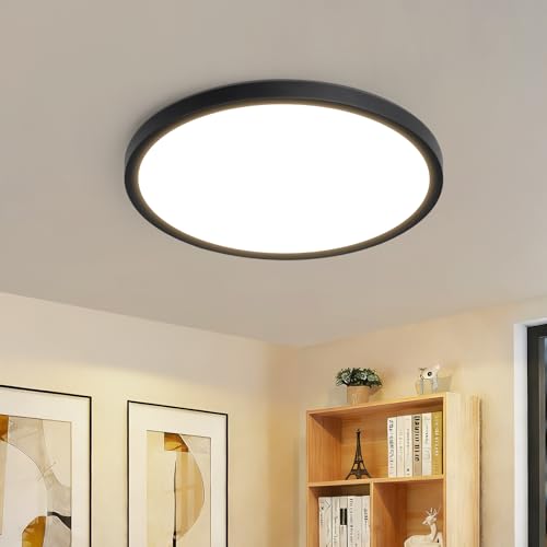 CBJKTX Lámpara de techo LED, diseño plano - Lámpara de cocina, negra 18 cm pequeña redonda 3000 K blanco cálido 15 W IP44 para cocina baño y pasillo