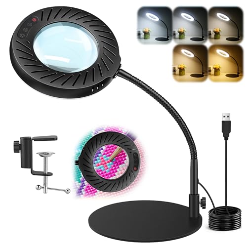 Akynite LED Desk Lamp with 12X Magnifying Glass, 5 Colours & 9 Brightness, 2 in 1 Magnifier Table Light with Clamp & Base, Magnifying Glass Lamp for Craft Hobby Sewing Modelling Carving