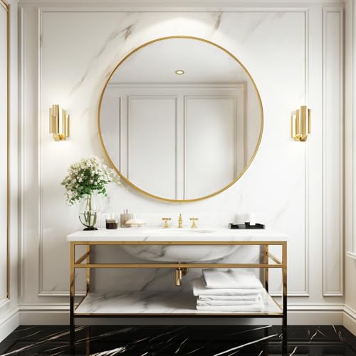 Image of Sunniry Gold Round Mirror 40 inch, Gold Bathroom Mirror with Metal Frame | Aluminum Brushed Frame, High Definition, No Distortion, Easy installation,Gold Mirror for Restroom, Cloakroom, Guest Room