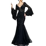 Women Lace Sexy Fishtail Banquet Gown Sequins Slim Mermaid Evening Long Dresses Ladies Formal Party Prom Fish Tail Frock (Black,L)