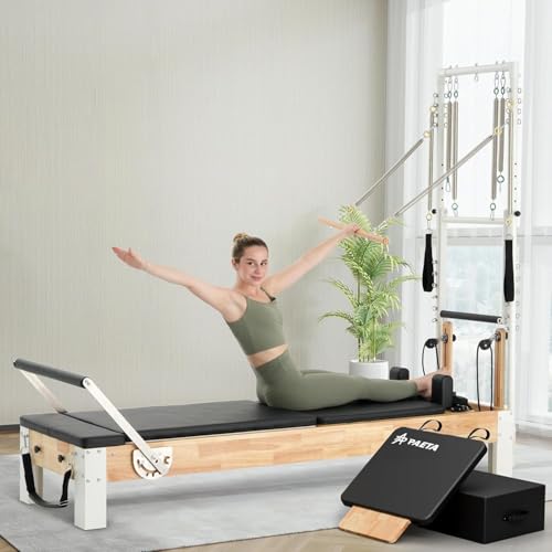PAETA Pilates Reformer, Wooden Reformer Pilates Machine with Tower & Mat, Pilates Equipment for Home Workout and Studio, Includes Sitting Box, Jumpboard