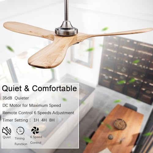 Image of QUTWOB 60 inch 3-Blade Wood Ceiling Fan with Light & Remote, Indoor Outdoor | solid raw wood blades, quiet dc inverter motor, 6-speed reversible remote, 3-color led light, for indoor outdoor patio garage