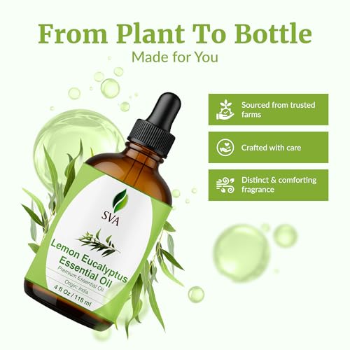 Image of SVA Lemon Eucalyptus Essential Oil 4 Fl Oz - for Diffuser, Skin & Hair Care - Ideal for Massage & DIY Blends - with Dropper