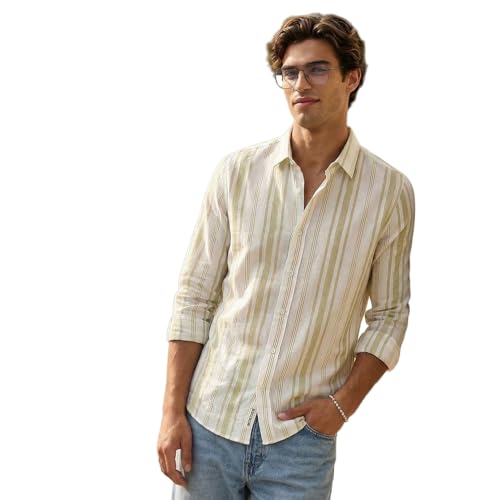 Image of Urbano Fashion Men's Cotton Full Sleeve Relaxed Fit Linen Striped Shirt with Spread Collar