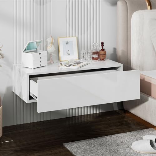 HedoAjim White Modern Floating Wall Mounted Nightstand with Drawer Storage Wood Bedside Table Small...