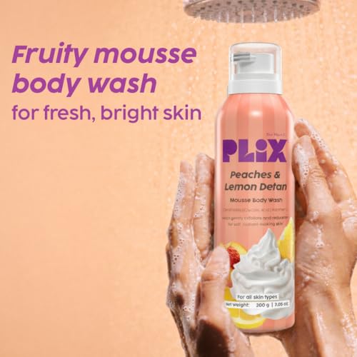 Image of Plix Peaches & Lemon De-Tan Mousse Body Wash | Glycolic Acid & Ceramides | Hydrating Mousse Body Wash with Fruit Extracts | Smooth, Bright Skin